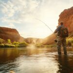 Man fly fishing in the Colorado River at Lees Ferry during sunrise, surrounded by dramatic red rock canyon walls and reflective calm waters