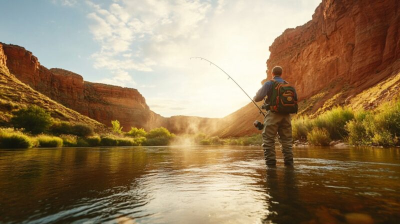 Man fly fishing in the Colorado River at Lees Ferry during sunrise, surrounded by dramatic red rock canyon walls and reflective calm waters