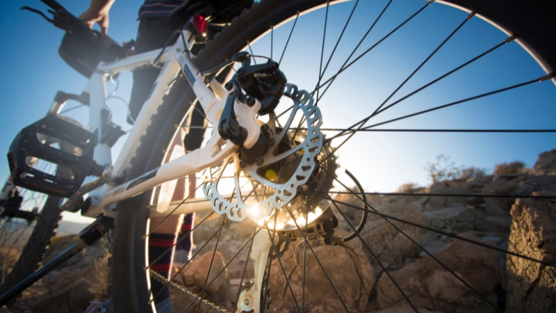 Close-up of an e-bike's rear wheel and disc brake