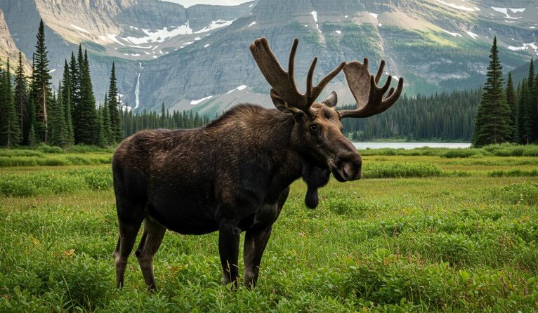 A moose stands in a grassy field with majestic mountains rising in the background under a clear blue sky