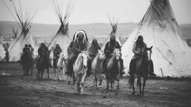 Black and white image of Native American riders in traditional attire on horseback, with several tipis in the background