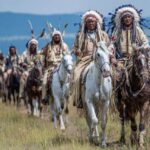 A group of Native American riders in traditional regalia, including feathered headdresses, riding horses across open plains