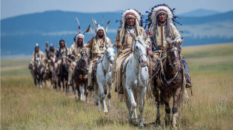 A group of Native American riders in traditional regalia, including feathered headdresses, riding horses across open plains