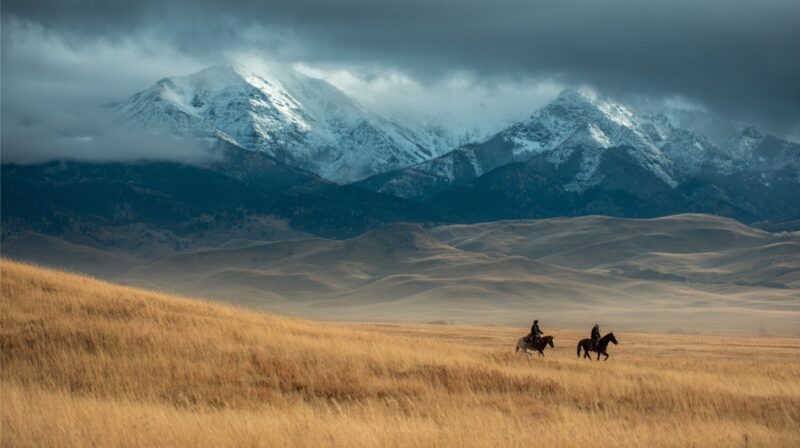 Two horseback riders travel across golden grasslands with towering, snow-covered mountains in the background under a moody sky