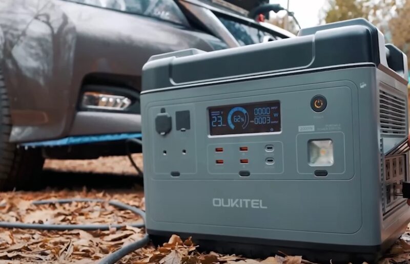 Portable charging station, sits on the ground in the woods
