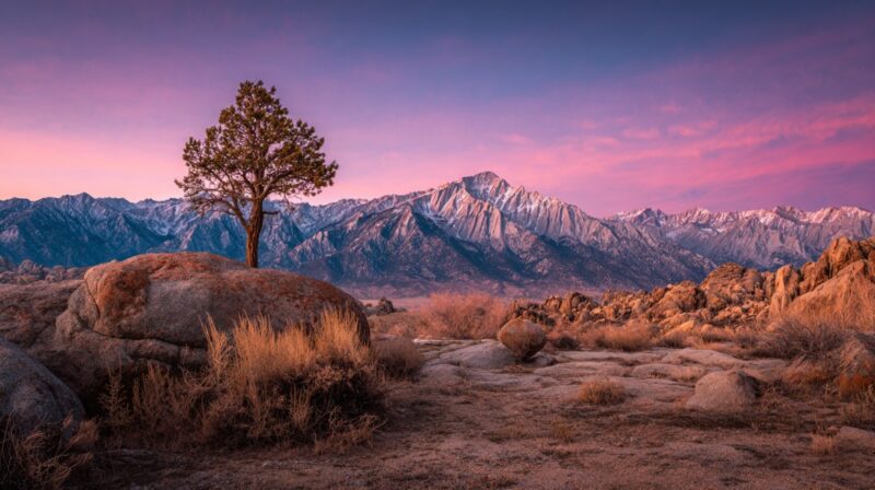 A solitary tree on a large boulder in a desert landscape with snow-capped Sierra Nevada mountains in the background at sunset