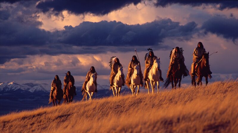 A group of Native American riders in traditional clothing and feathered headdresses on horseback at sunset with mountains in the background