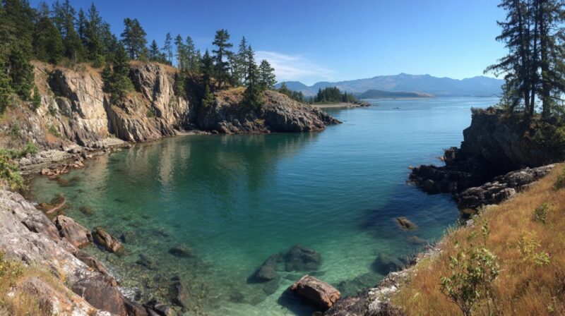 Rocky shoreline and turquoise waters of Wild Horse Island with pine trees and mountains in the background