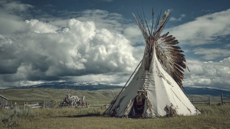 A decorated Blackfoot tipi set in an open grassy field with mountains in the background and stormy clouds overhead