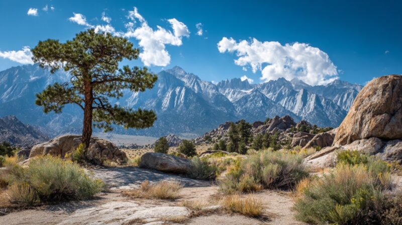 A single tree stands on rocky terrain with the dramatic Sierra Nevada mountain range in the background under a vibrant blue sky