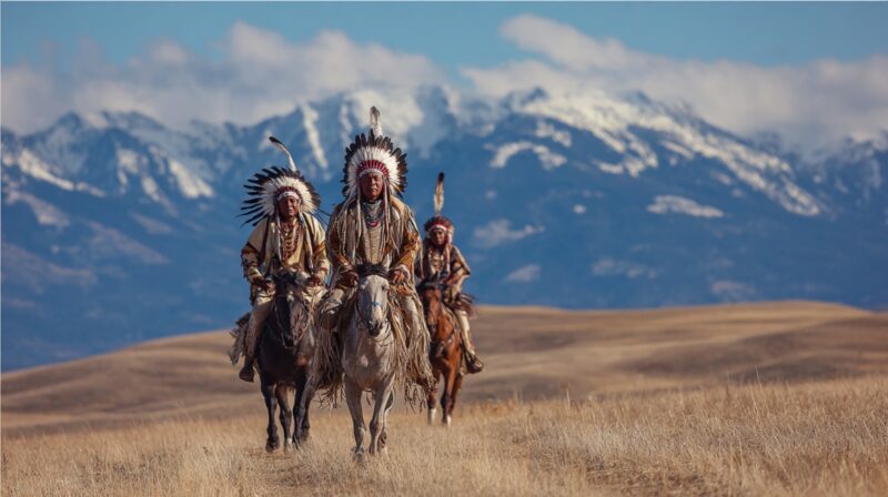 Three Native American riders in traditional dress and feathered headdresses on horseback in front of a mountain range
