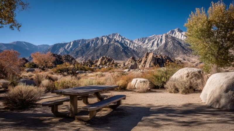 A picnic table surrounded by desert vegetation with rugged Sierra Nevada mountains in the background under a clear blue sky
