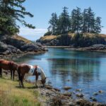Two wild horses grazing near the rocky shoreline of a forested island with clear blue water