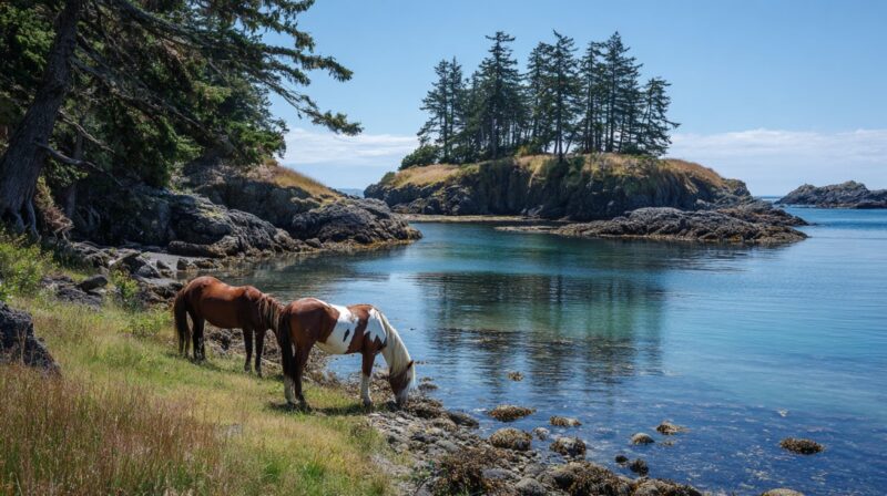 Two wild horses grazing near the rocky shoreline of a forested island with clear blue water