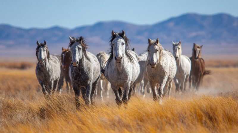 A herd of wild horses running through golden grasslands with mountains in the background