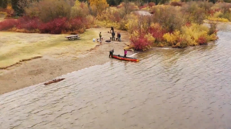 People pull a canoe onto a lakeshore near a picnic area with autumn trees