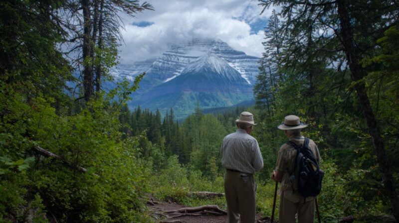 Two elderly hikers with walking sticks stand on a forested trail overlooking a snow-dusted mountain under partly cloudy skies