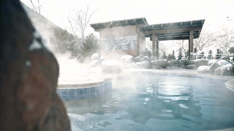 Steam rises from the outdoor pool at Broadwater Hot Springs in Helena, Montana