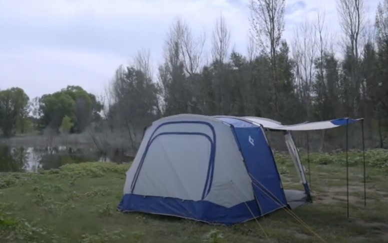 White and blue tent in nature