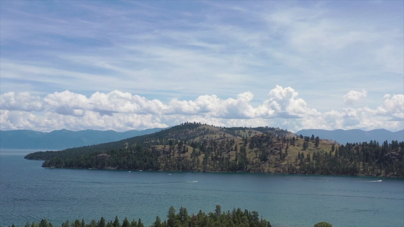 View of Flathead Lake with a forested hillside and distant mountains under a partly cloudy sky