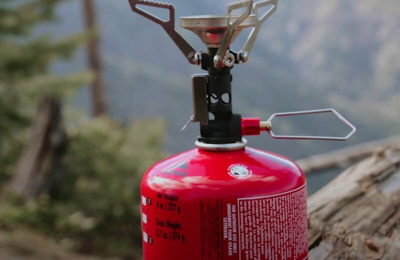 Red stove for camping, close up view