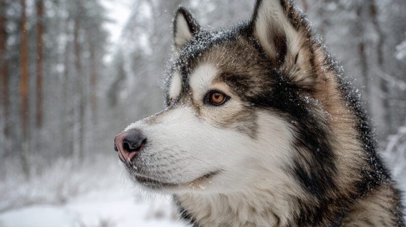 Close-up of an Alaskan Malamute with snowflakes on its thick fur, looking off into the distance in a snowy forest