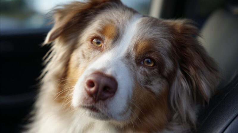 Close-up of an Australian Shepherd with striking golden eyes and a soft expression