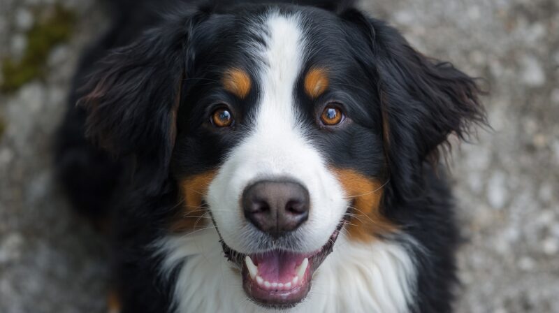 Close-up of a smiling Bernese Mountain Dog with a fluffy black, white, and brown coat, looking directly at the camera with bright brown eyes