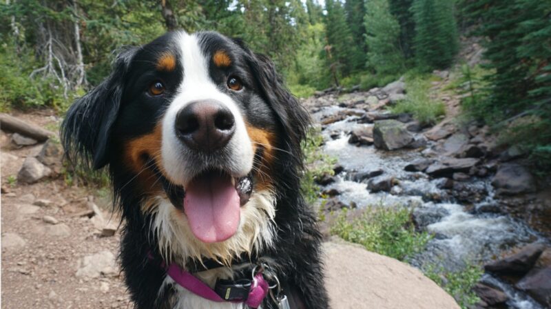 Happy Bernese Mountain Dog on a hiking trail near a river