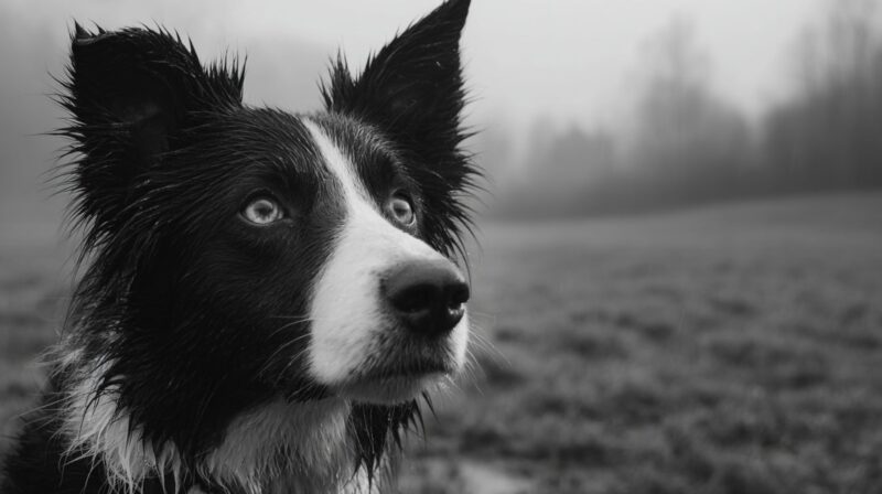 Black and white photo of a wet Border Collie with bright eyes, standing in a misty field, looking alert and focused