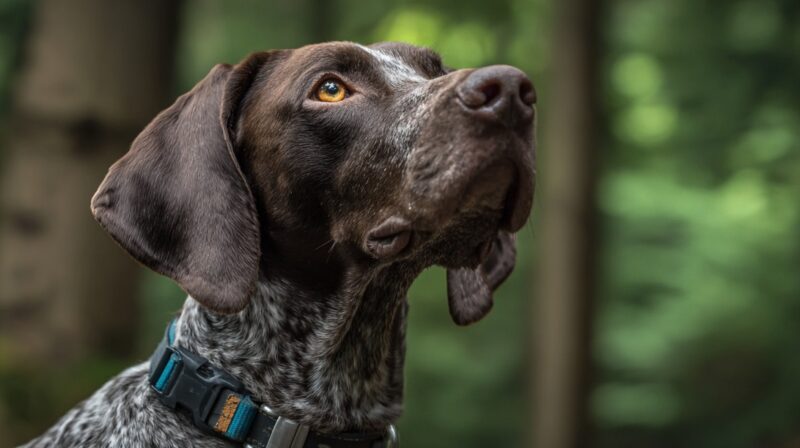 Close-up of a German Shorthaired Pointer with a brown and white coat, looking attentively upward in a forest setting
