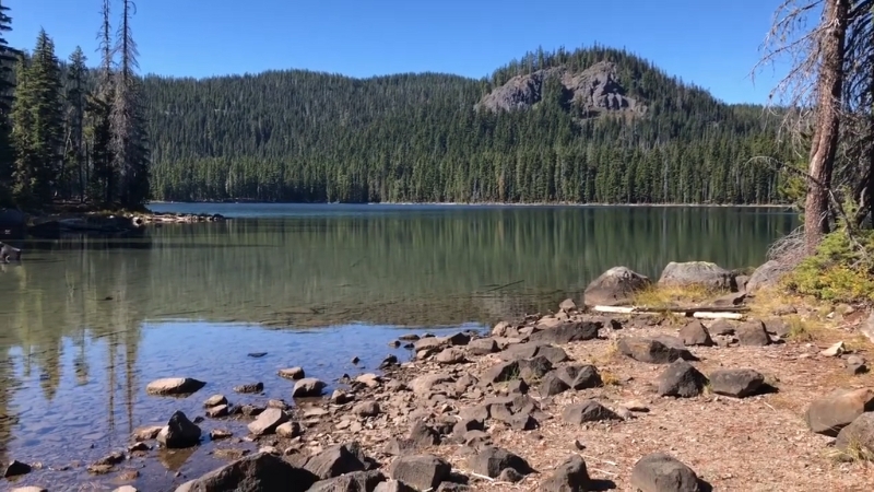 Rocky lakeshore at Hungry Horse Reservoir with calm water, forest, and a mountain in the background