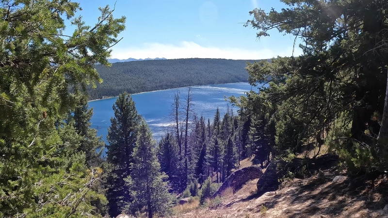 A forested trail opens to a clear view of Bench Lakes surrounded by pine trees in the Sawtooth Mountains