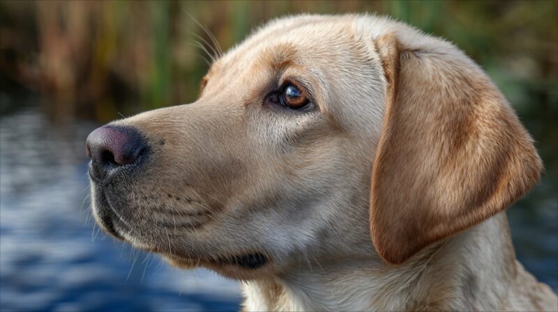 Close-up of a Labrador Retriever by the water, looking alert and attentive