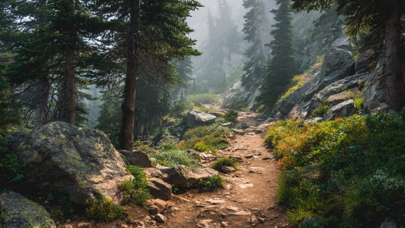 A mountain trail with rocks and pine trees shown as a fine art hiking photo print