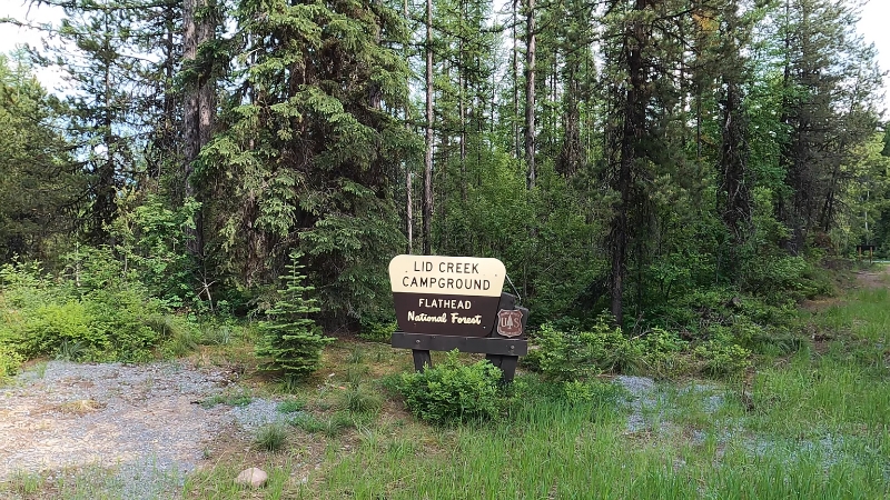 Entrance sign for Lid Creek Campground in Flathead National Forest surrounded by trees