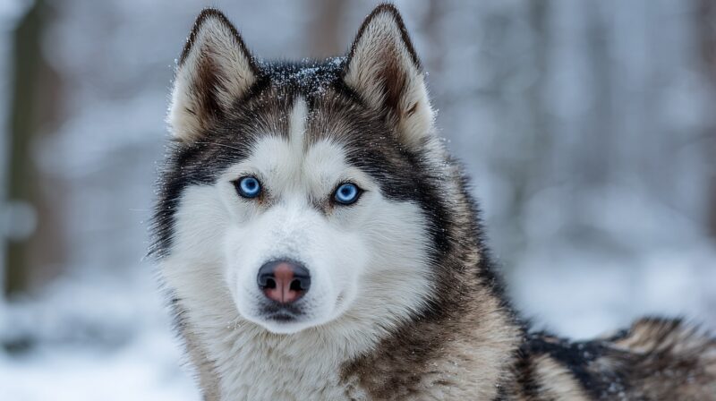 Close-up of a Siberian Husky with striking blue eyes, standing in a snowy forest