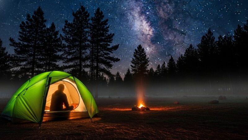 A man sits in a tent at night, with the Milky Way galaxy shining brightly in the background