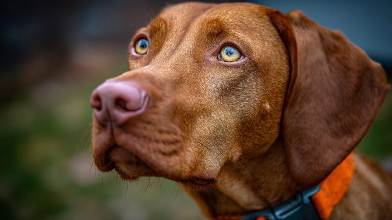 Close-up of a Vizsla dog with golden eyes, wearing an orange collar, looking alert and focused outdoors