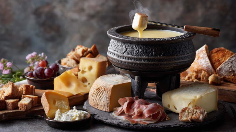 Alpine fondue with cheese, bread, ham, and grapes on a rustic table