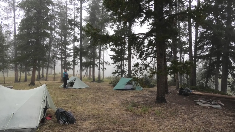 Tents set up in a forest clearing in the Bob Marshall Wilderness