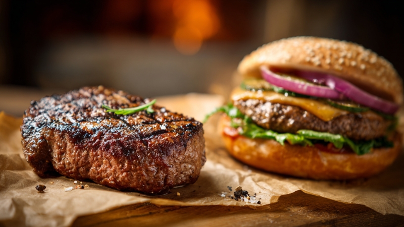 A grilled steak and a cheeseburger with onions and lettuce on a rustic table