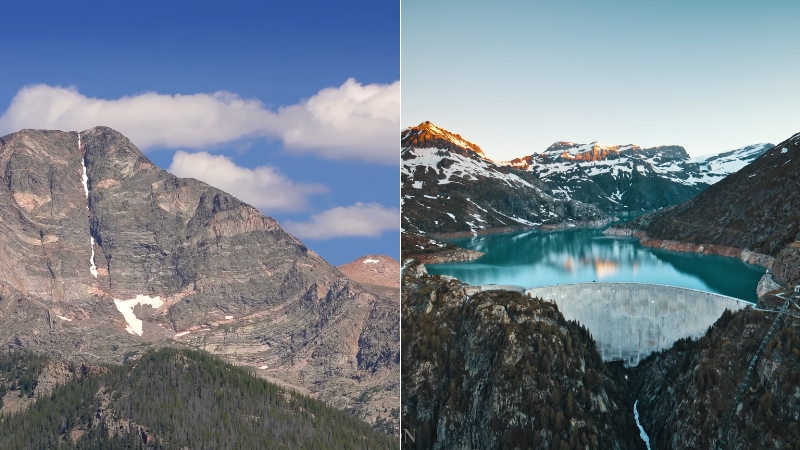 Rocky Mountains vs Alps showing a rocky peak and an alpine lake with a dam