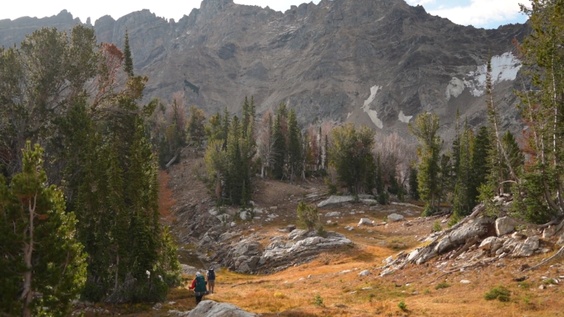 Hikers walking through a wide mountain valley during a backpacking trip for a large group
