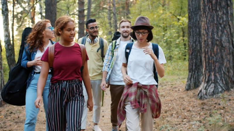 A group of friends hiking together on a forest trail during a backpacking trip