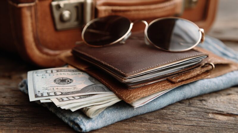 A close up of a wallet, cash, sunglasses, and folded clothes arranged on a wooden surface next to a travel bag