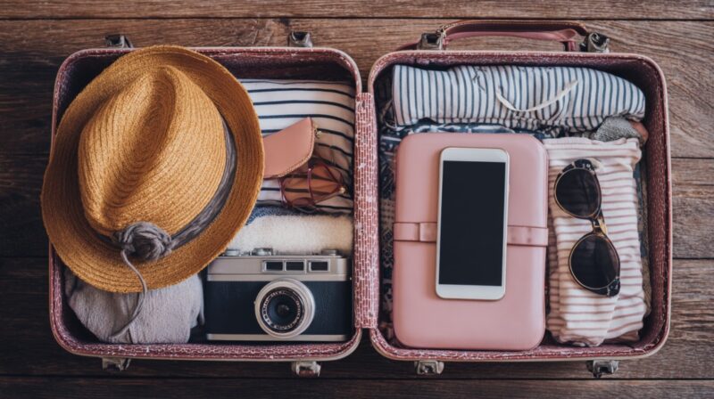 Open suitcase neatly packed with clothes, a hat, camera, sunglasses, and a phone on top of a travel case.