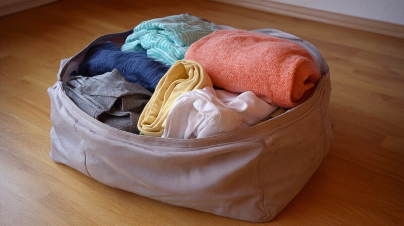 Bag filled with folded and rolled clothes on a wooden floor