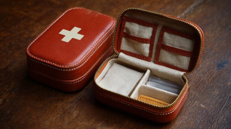 Small leather first-aid kit opened on a wooden table showing empty pockets and compartments