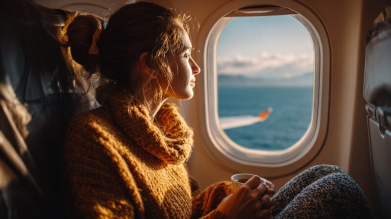 Woman sitting by an airplane window holding a cup and looking out at the ocean below